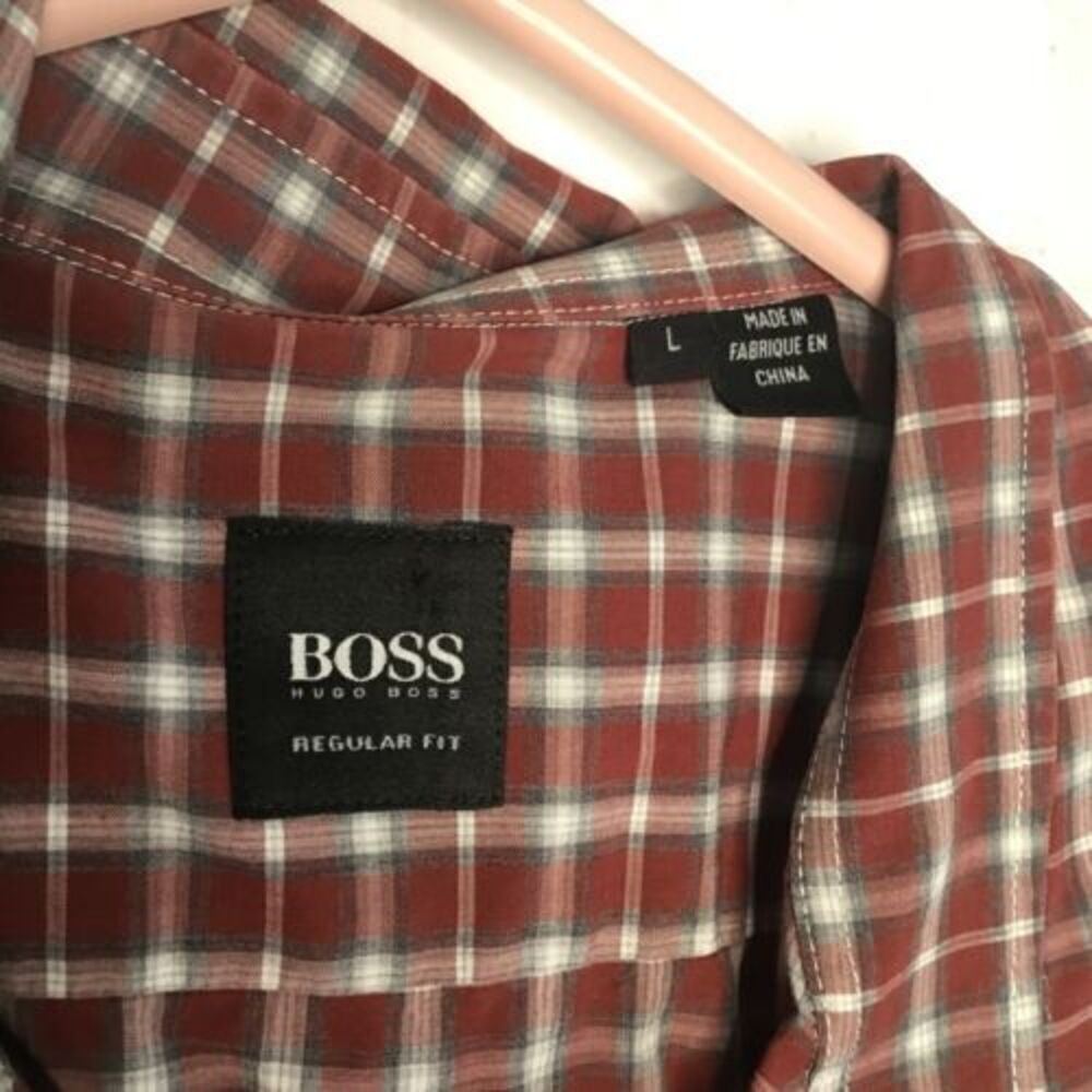 Hugo Boss Mens Regular Fit Plaid Button Down Shirt Red White Grey Cotton L
